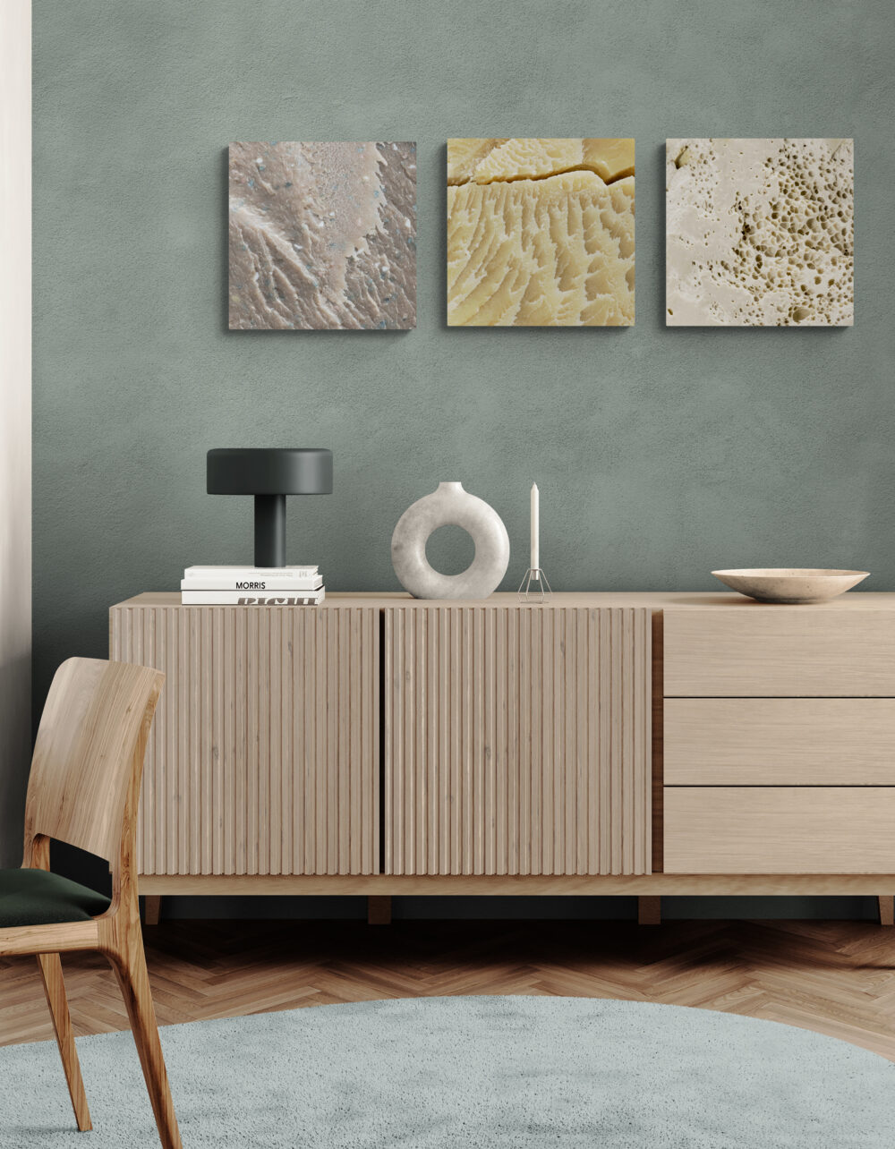 3er Set von Fineartprints mit Ausschnitten von halbierten Golfbällen